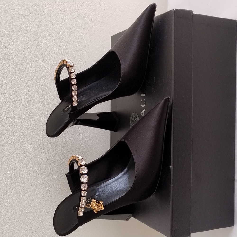 Versace Black Sandals with Gold and Crystal Details